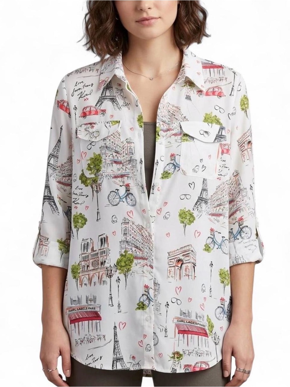 Karl Lagerfeld White Paris Sketch Button-Front Shirt with Red and Green Accents